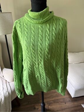 J. Crew Lime Green Cable Knit Turtleneck Sweater
